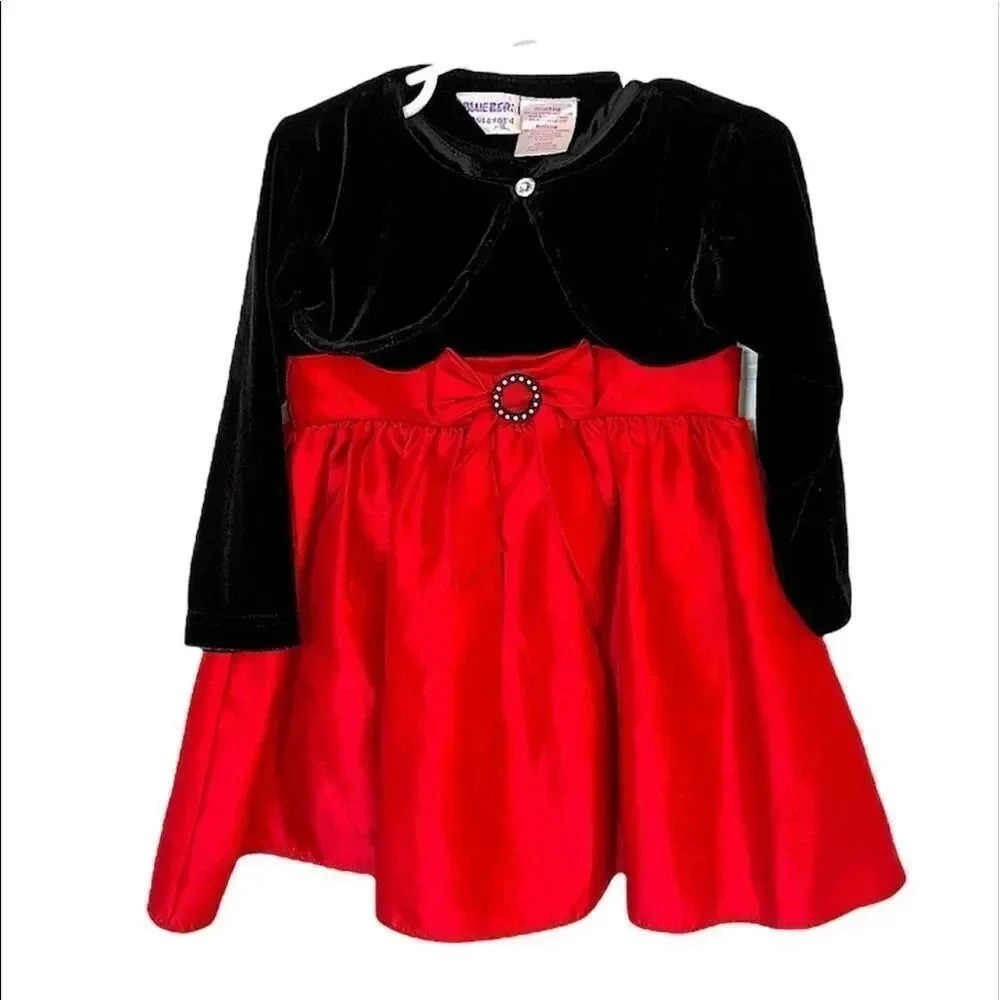 𝅺Perfectly Dressed vintage 80’s‎ girls black velvet red dress with Shaw size 2T